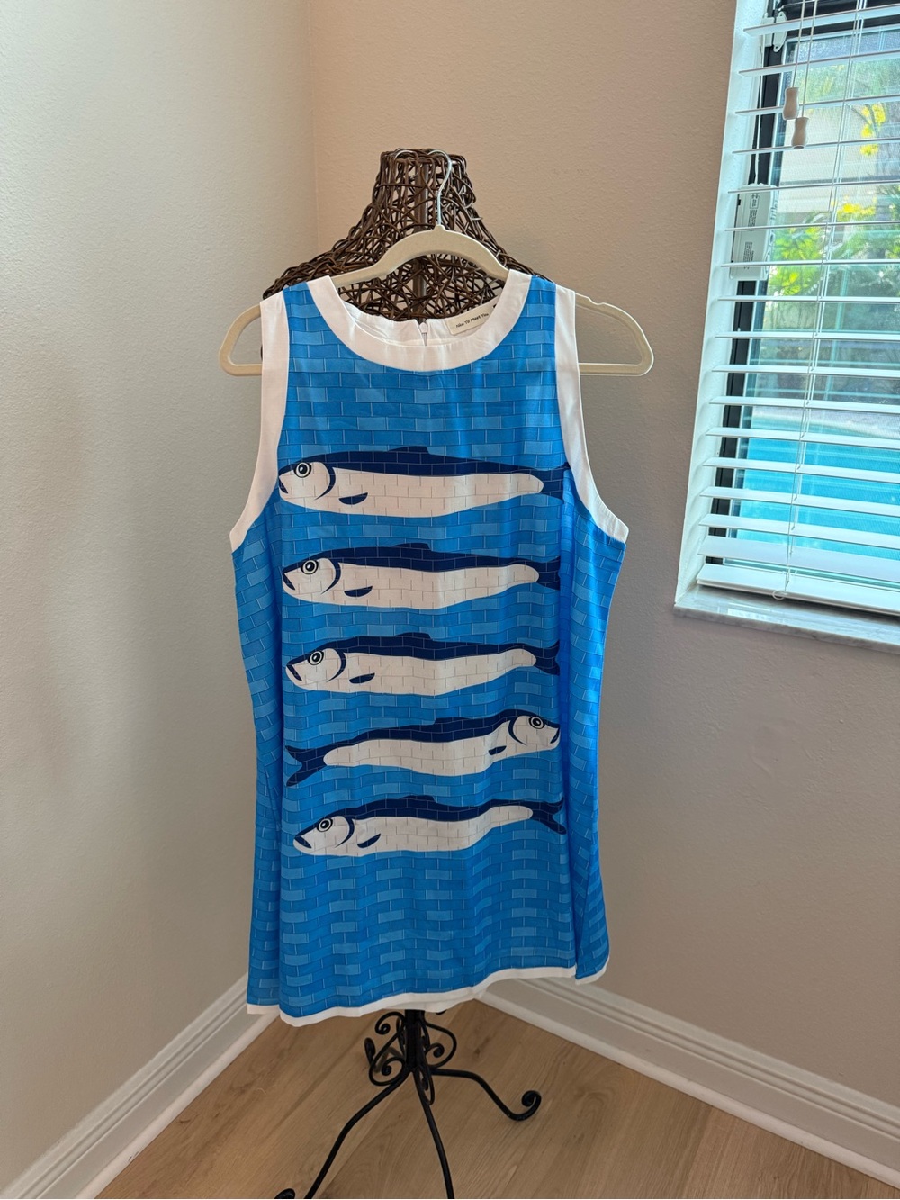 Blue Fish-Print Sleeveless Shift Dress